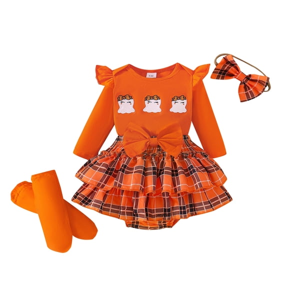 Whouriu Baby Halloween Outfit Set Cute Pumpkin Ruffle Romper Skirt Headband Leg Warmers Soft Party Wear 4Pcs Set