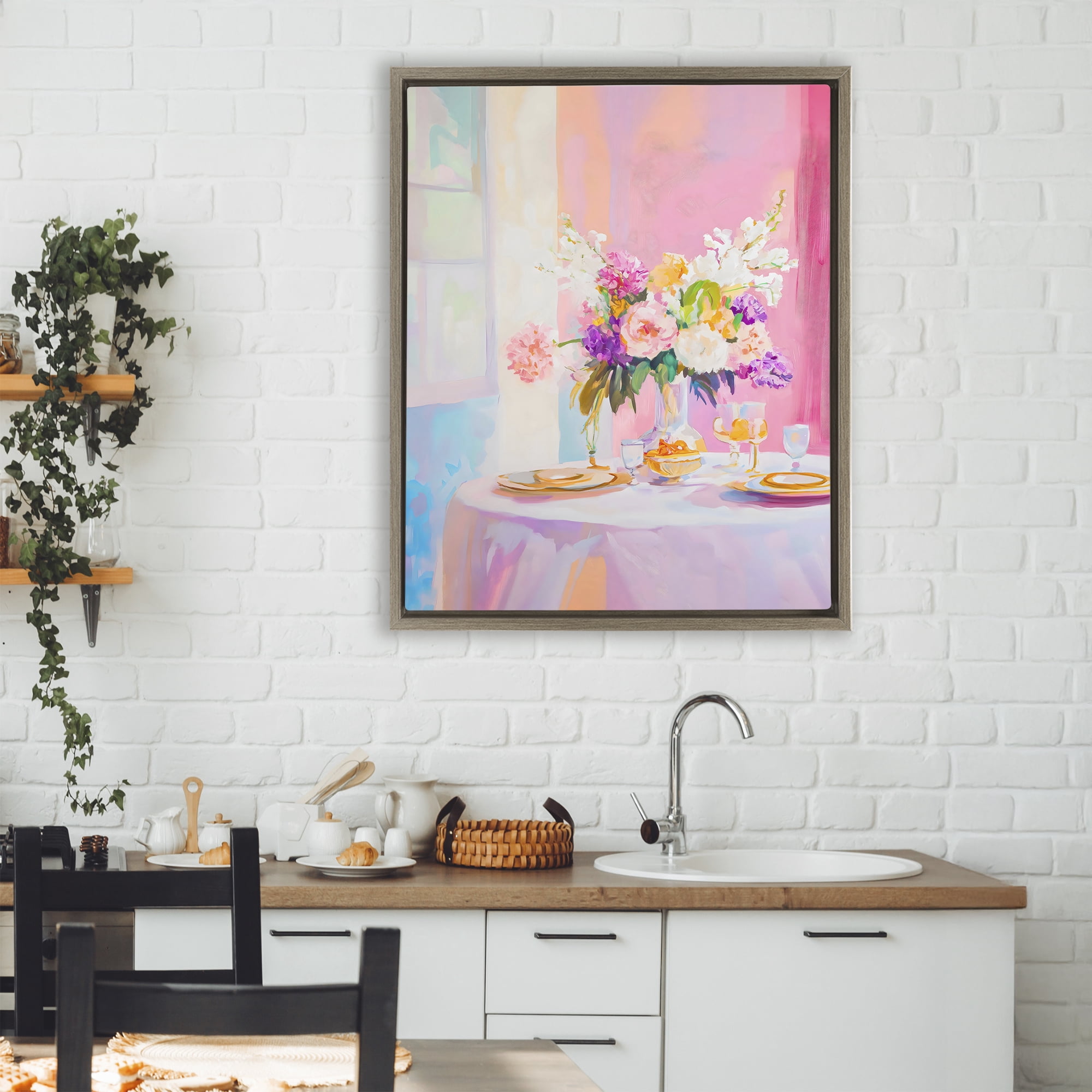 Stupell Industries Pink Brunch with Romantic Bouquet Brown Framed Floater Canvas Wall Art, design by The Prints Vibe