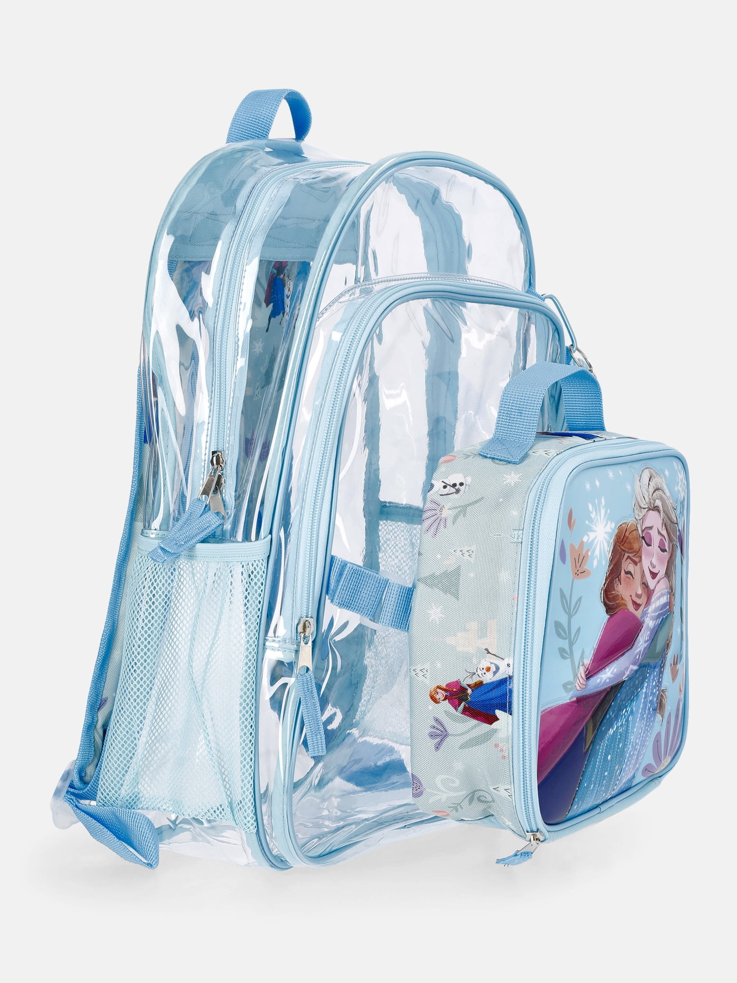 Disney Frozen Girls 17" Clear Elsa & Ana Backpack with Lunch Box & Bag Charm, 3-Piece Set, Blue