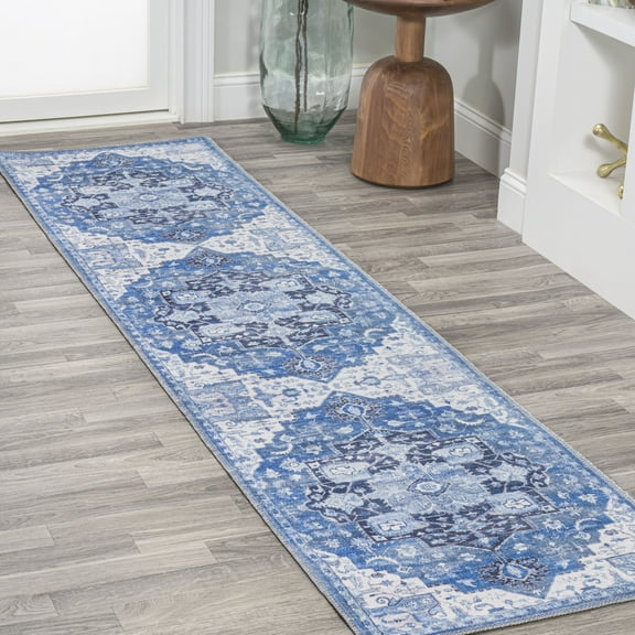 JONATHAN Y WASHABLE 2 x 8 Runner Rug, Maris Ornate Medallion - Blue/Navy, WSH109B-28