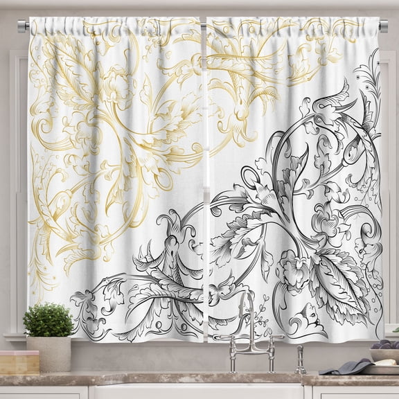 Ambesonne Floral Kitchen Curtains, Abstract Fish Circles, 55"x45", Yellow Black