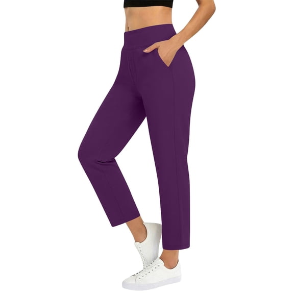 ctdiral Womens High Waist Ankle Length Pants Solid Color Straight Trousers with Pockets Stretch Pull On Pants Summer Casual Workout Pants Purple XXL