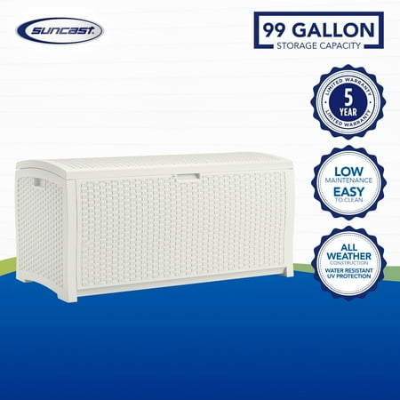 Suncast - 99 Gallon Heavy Duty Resin Wicker Horizontal Outdoor Deck Box - White