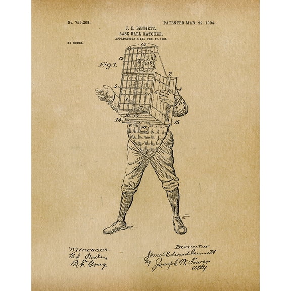 Original Baseball Catcher Artwork Submitted In 1904 - Baseball - Patent Art Print