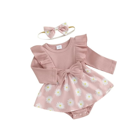 

Baby Girl Spring Outfits Long Sleeve Daisy Print Romper with Headband