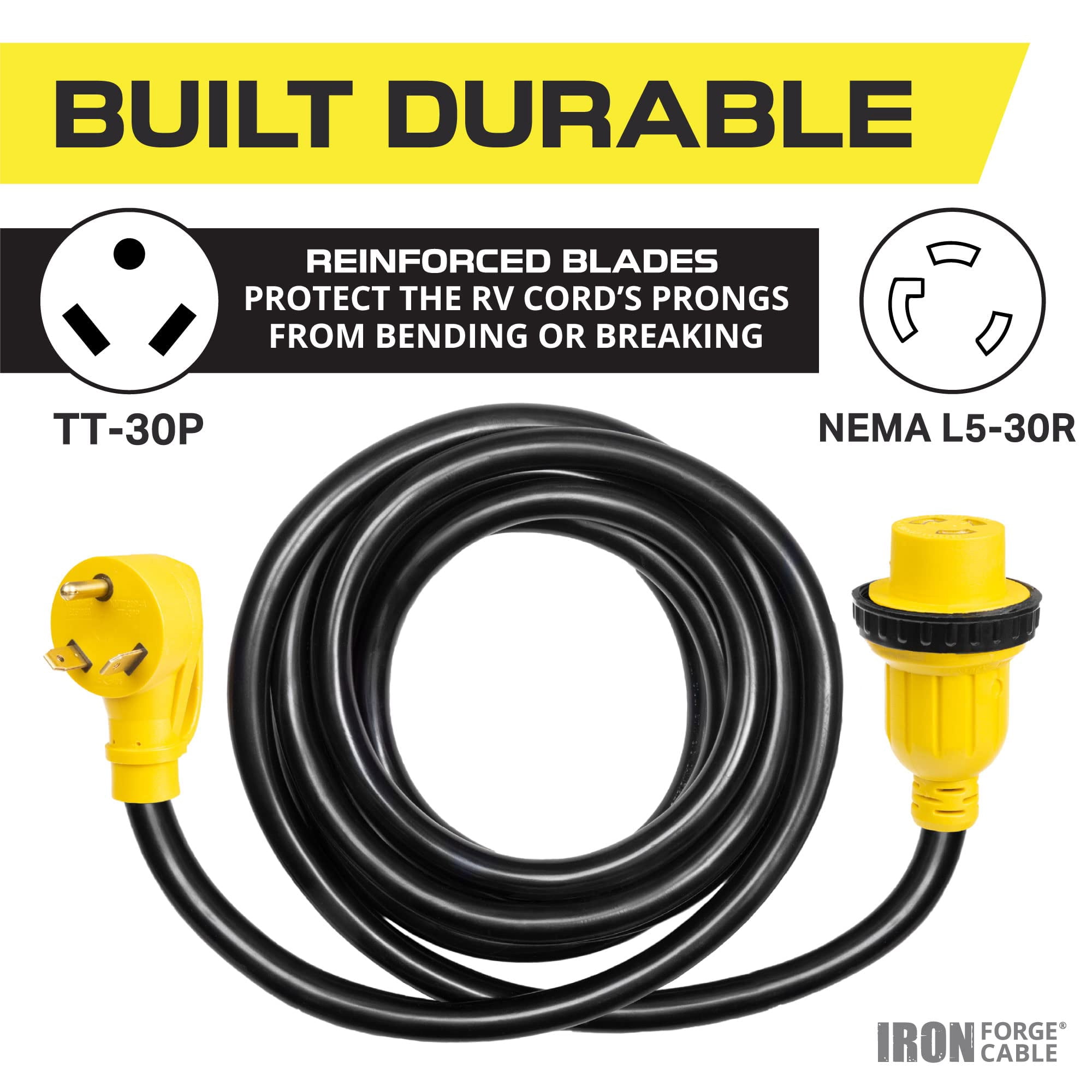 Iron Forge Cable 30 Amp RV Extension Cord 6 Ft - 10/3 STW TT-30P to NEMA L5-30R 125v Heavy Duty RV Power Cord for Outdoor Use, UL Certified