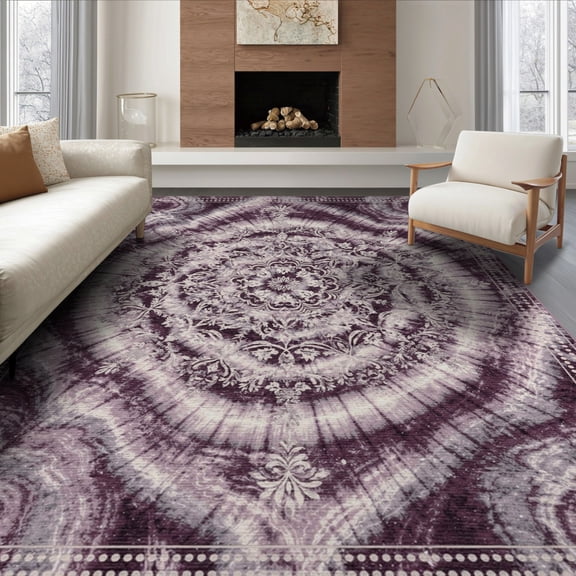 ODIKA 8'x10' Washable Area Rug Non-Shedding, Easy Care, Boho Tie Marbled Symmetrical Radial Motifs Dotted Purple for King Size Bedroom Under Bed, Master Suite