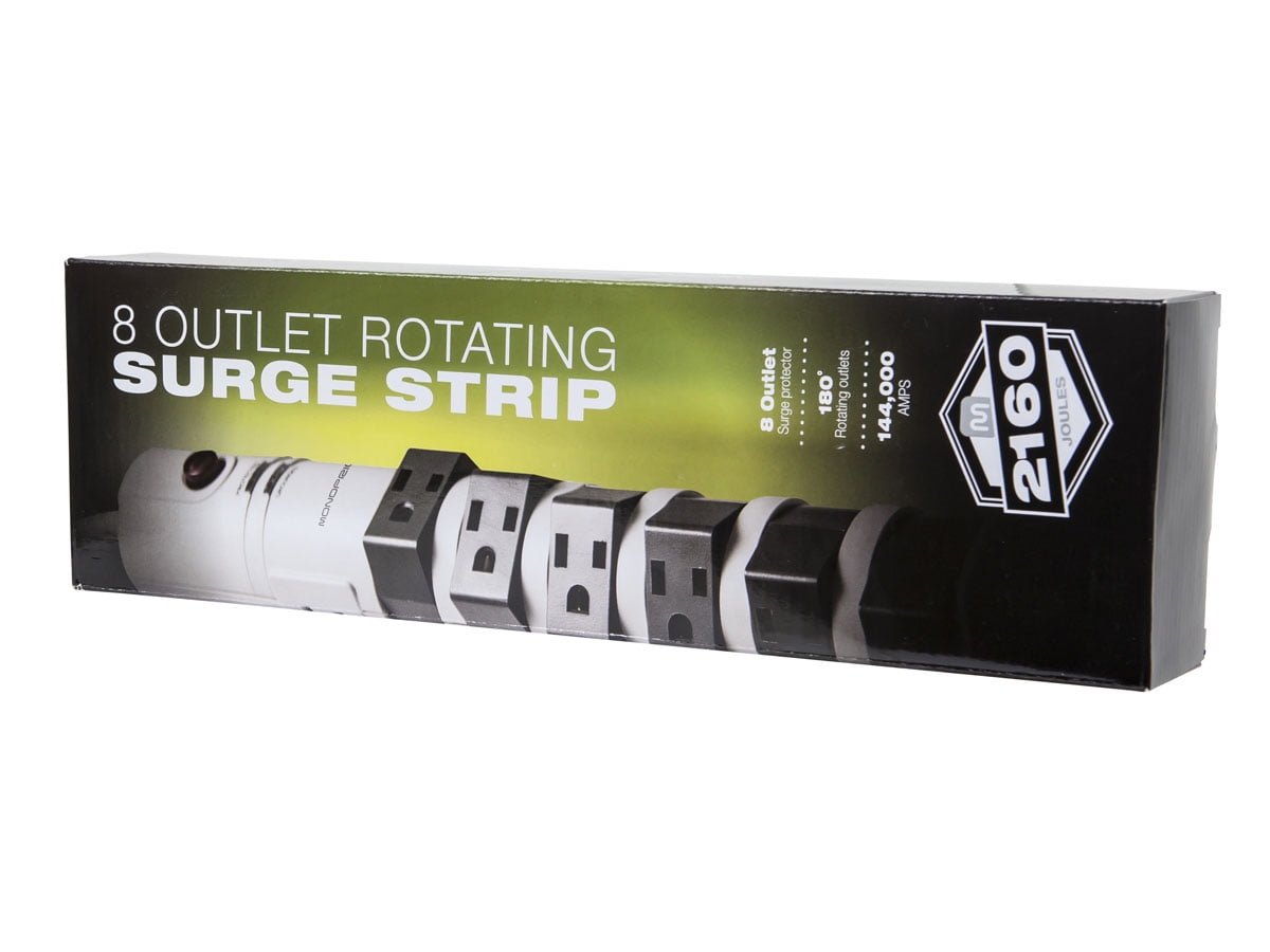 Monoprice Power & Surge - 8 Outlet Rotating Surge Strip - Gray | UL Rated 2, 160 Joules with Grounded and Protected Light Indicator