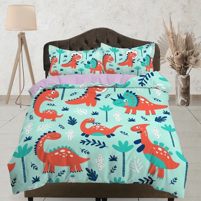 Ropa de cama de dinosaurio verde menta, ropa de cama infantil completa, bonito juego de funda nórdica, dinosaurio