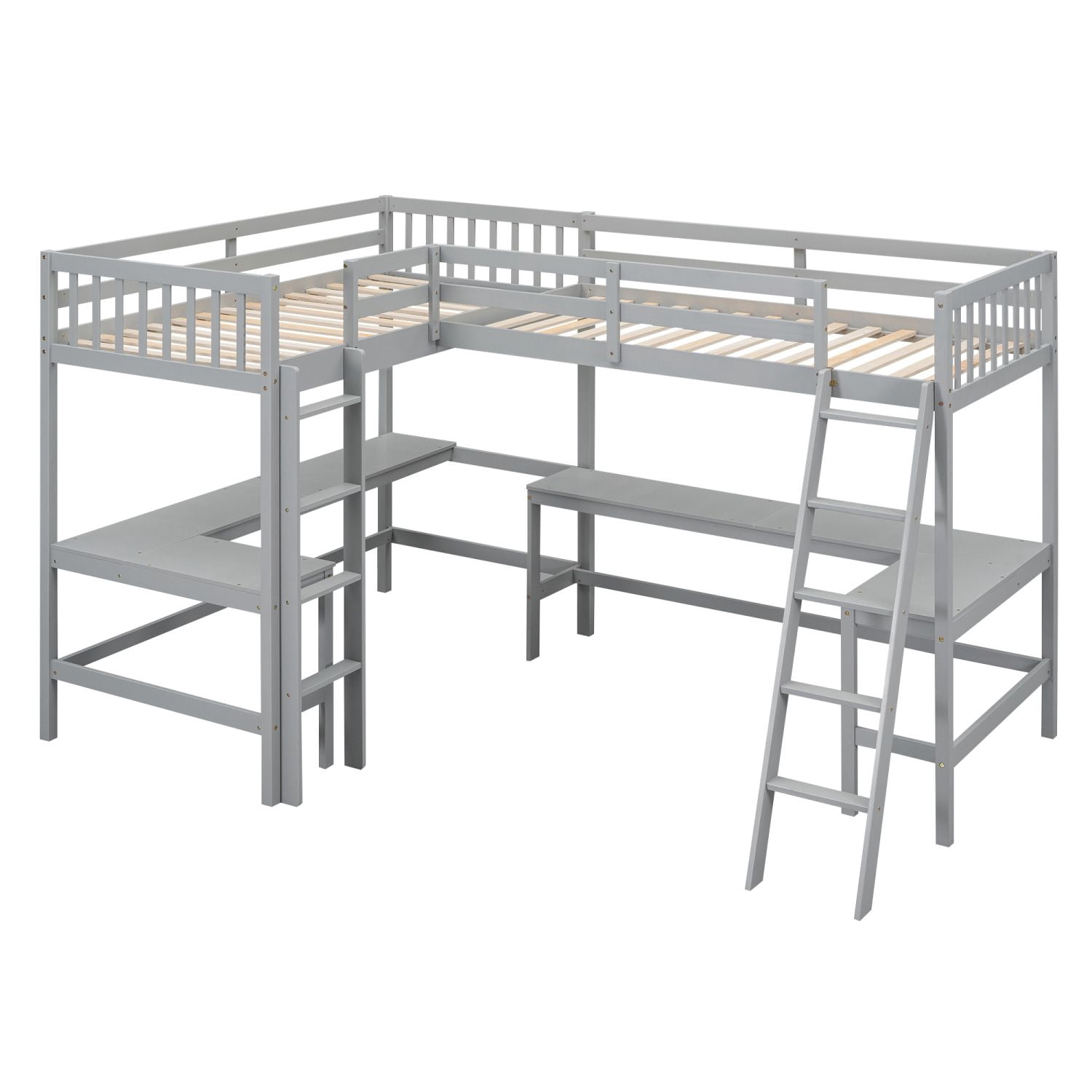 Asteroutdoor Wood Twin Size L-Shaped Loft Bed with Ladder and 2 Built-in L-Shaped Desks, Gray