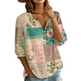 thumbnail image 3 of Women's Patchwork Floral Print 3/4 Sleeve Henley Top - V-Neck Button Tunic Blouse, Loose Fit Boho Casual Summer Shirt for Vacation, Beach, Daily Wear Army Green S, 3 of 6