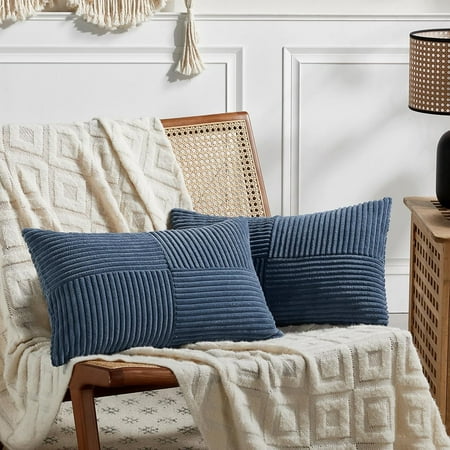 

Fancy Homi 2 Packs Dusty Blue Long Lumbar Decorative Throw Pillow Covers 16x16 Inch for Couch Bed Sofa Rustic Farmhouse Boho Home Decor Soft Striped Corduroy Rectangle Accent Cushion Case 16x16