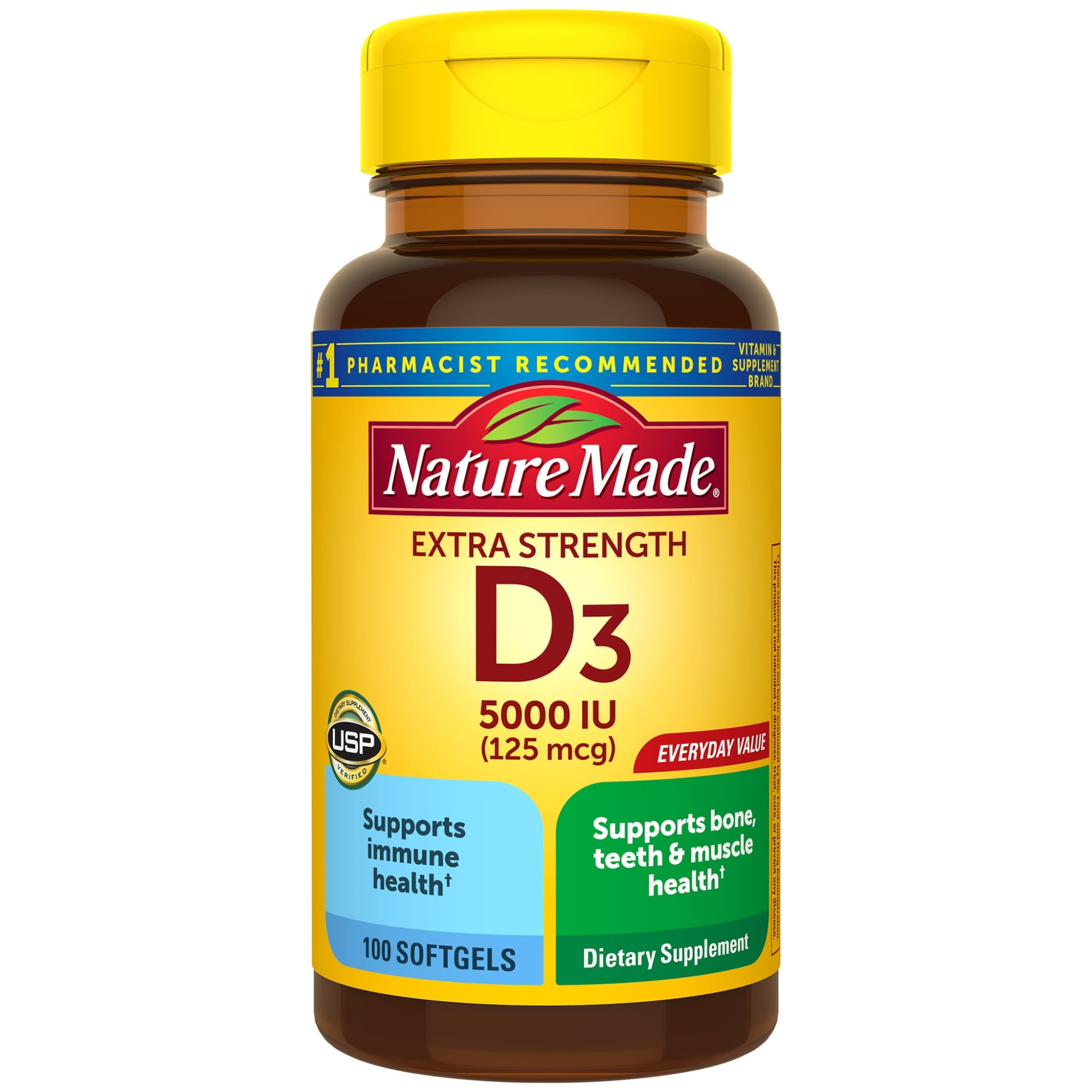 Nature Made Extra Strength Vitamin D3 5000 Iu 125 Mcg 100 Softgels High Potency Vitamin D Helps Support Immune Health Strong Bones And Teeth Muscle Function Walmart Com Walmart Com