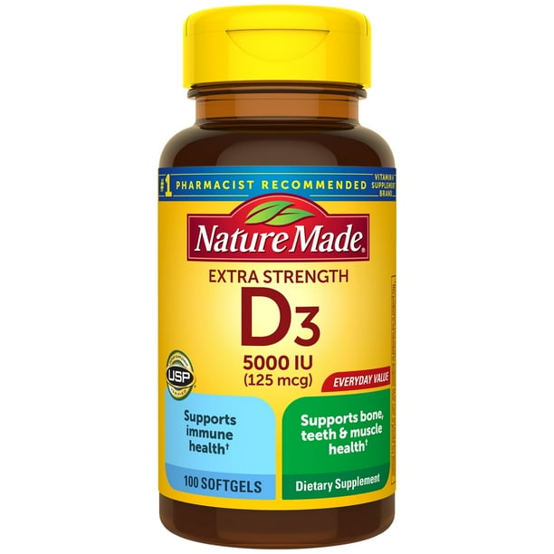 Nature Made Extra Strength Vitamin D3 5000 Iu 125 Mcg Softgels 100 Count Walmart Com Walmart Com
