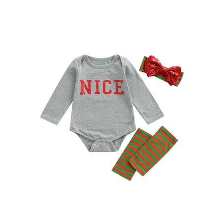 

3 Pcs Toddler Baby Girls Kids Outfit Sets Long Sleeve Letter Print Jumpsuit + Sequin Bow Headband + Leg Warmers