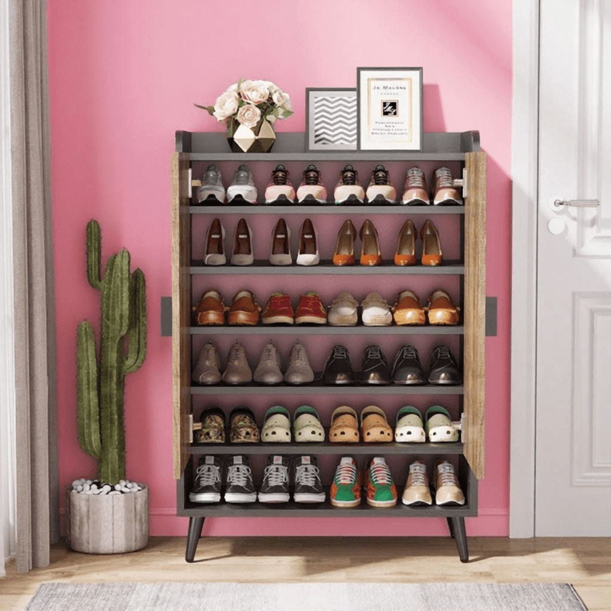 7-Tier Shoe Cabinet - 24-Pair Capacity, Adjustable Shelves, Grey Finish with Black Metal Accents, E0 Particle Board, for Entryway/Kitchen