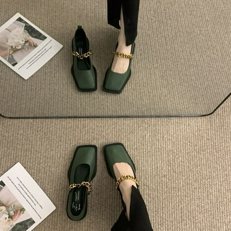 

Metal Chain Square Toe Vintage Loafers Single for Women 2024 New British Mary Jane Small Leather Shoes Women
