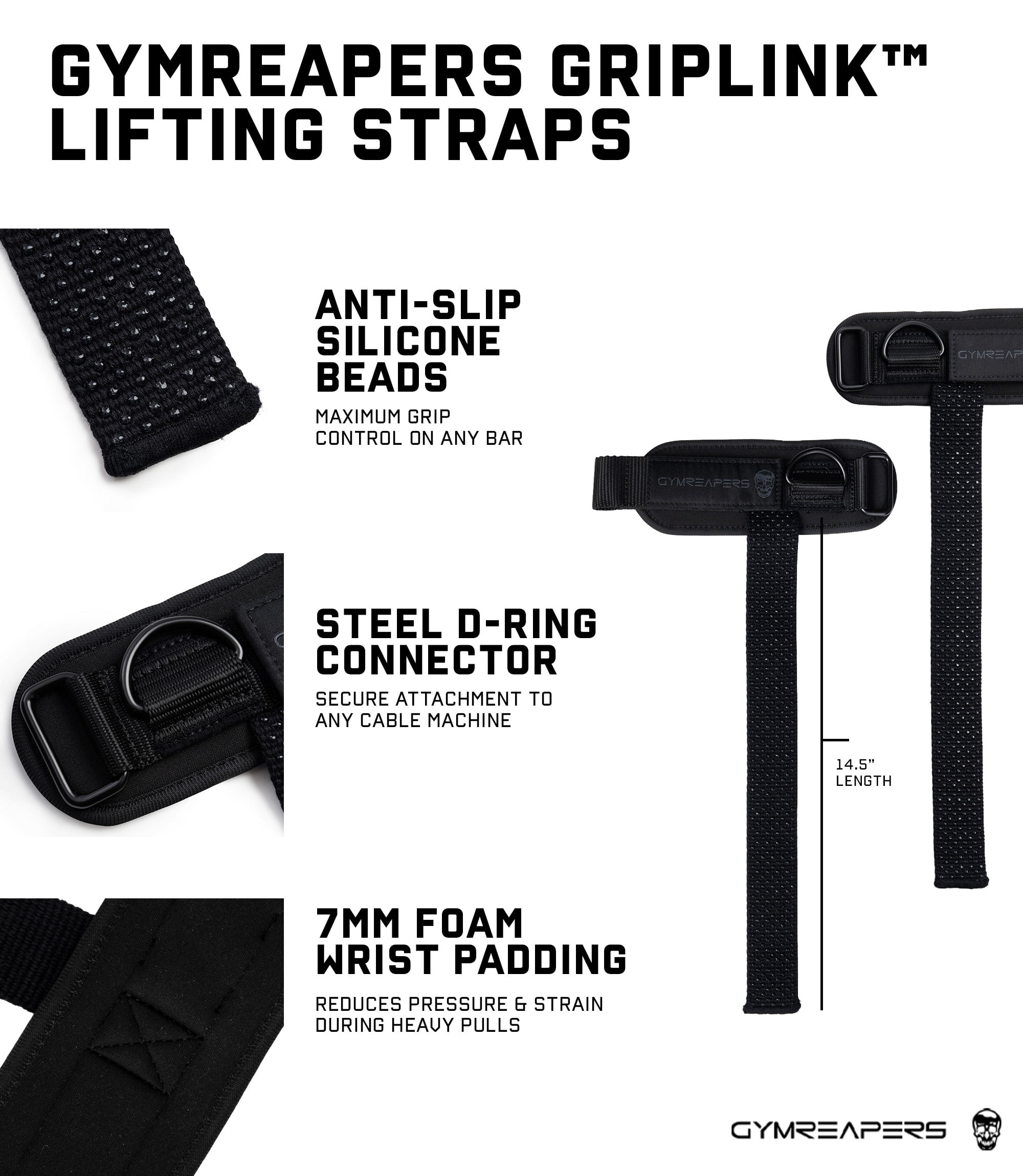Gymreapers GripLink Lifting Straps – Heavy Duty D-rings Wrists Straps with Anti-Slip Silicone Grip Beads, Cushioned, Adjustable Support for Deadlifts, Powerlifting, Cable Machines and Gym Trainings