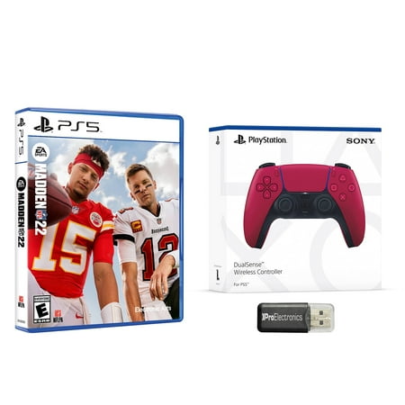 Madden NFL 22 and Cosmic Red PlayStation 5 Dualsense Wireless Controller and Micro SD Card USB Adapter Bundle