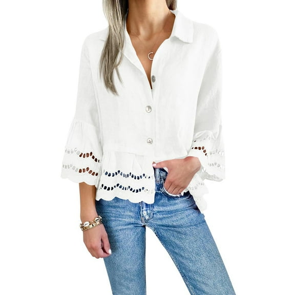 Womens 3/4 Bell Sleeve Button Down Shirts Casual Ruffle Hem Tops Eyelet Blouse White S