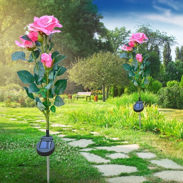 Luz solar LED 3-Rose Flower Lawn Stake Lamps Yard Art Garden Decor (rosa)