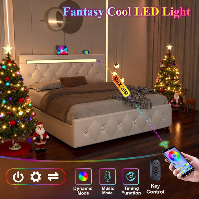 LED Bed Frame with 4 Storage Drawers, Charging Station, Upholstered Platform Bed with Adjustable Diamond Headboard, No Box Spring Needed, Noise Free, Easy Assembly, Full