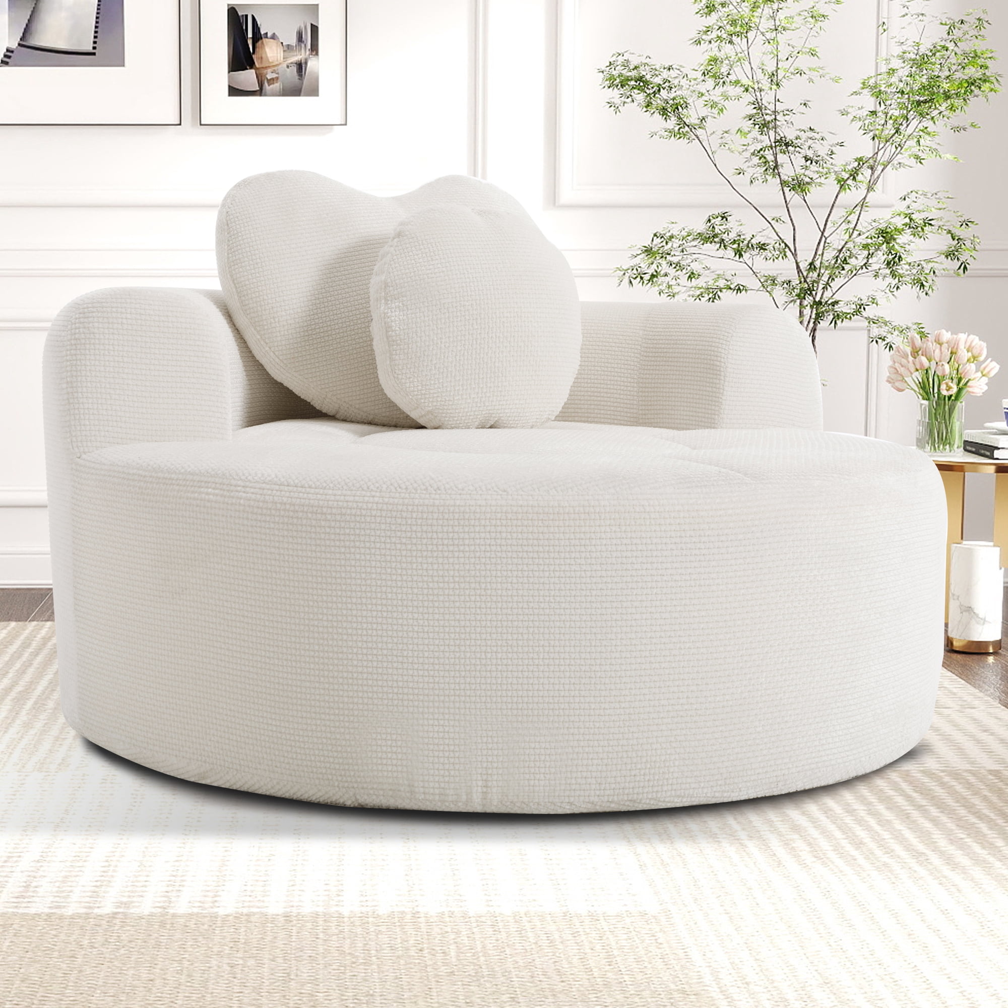 Leumius Oversized Round Chair Lounge Chaise Indoor,Upholstered Round Sofa Bed with Memory Foam,Comfy Cloud Circle Chair with Deep Seat for Living Room Bedroom,No Assembly Required,Beige