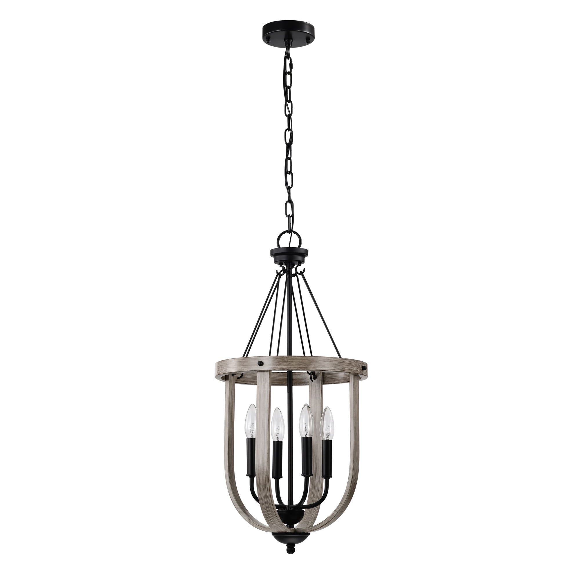 Giano 14 in. 4-Light Indoor Matte Black and Faux Wood Grain Finish Chandelier with Light Kit