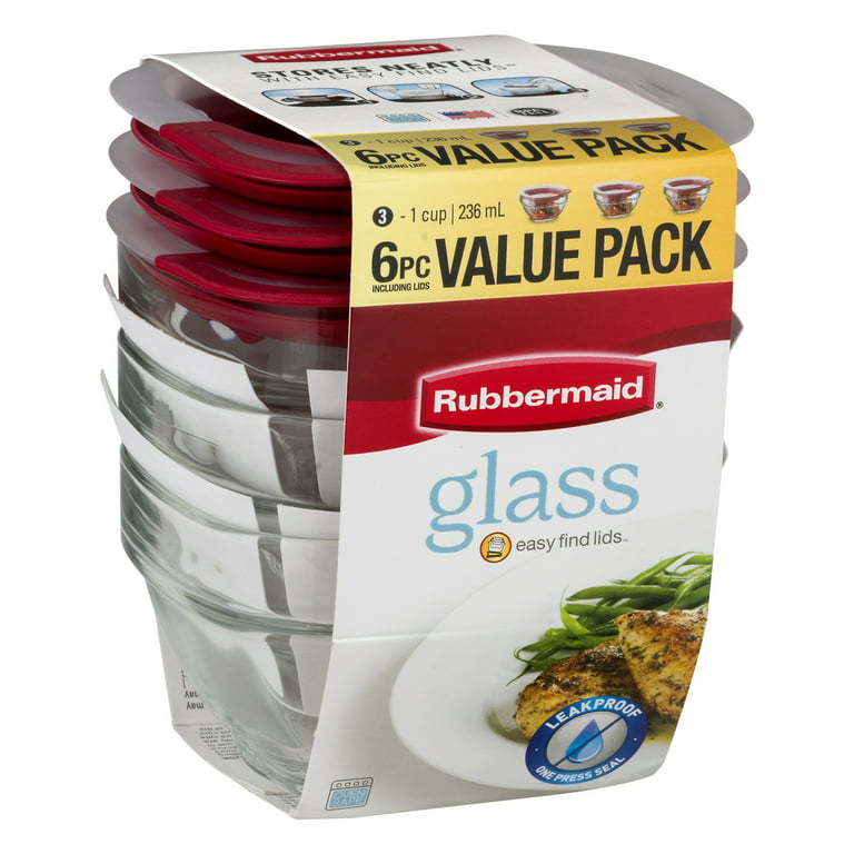 Rubbermaid Easy Find Lids Glass Food Storage Container, 1 Cup, Racer Red, 3  Count 