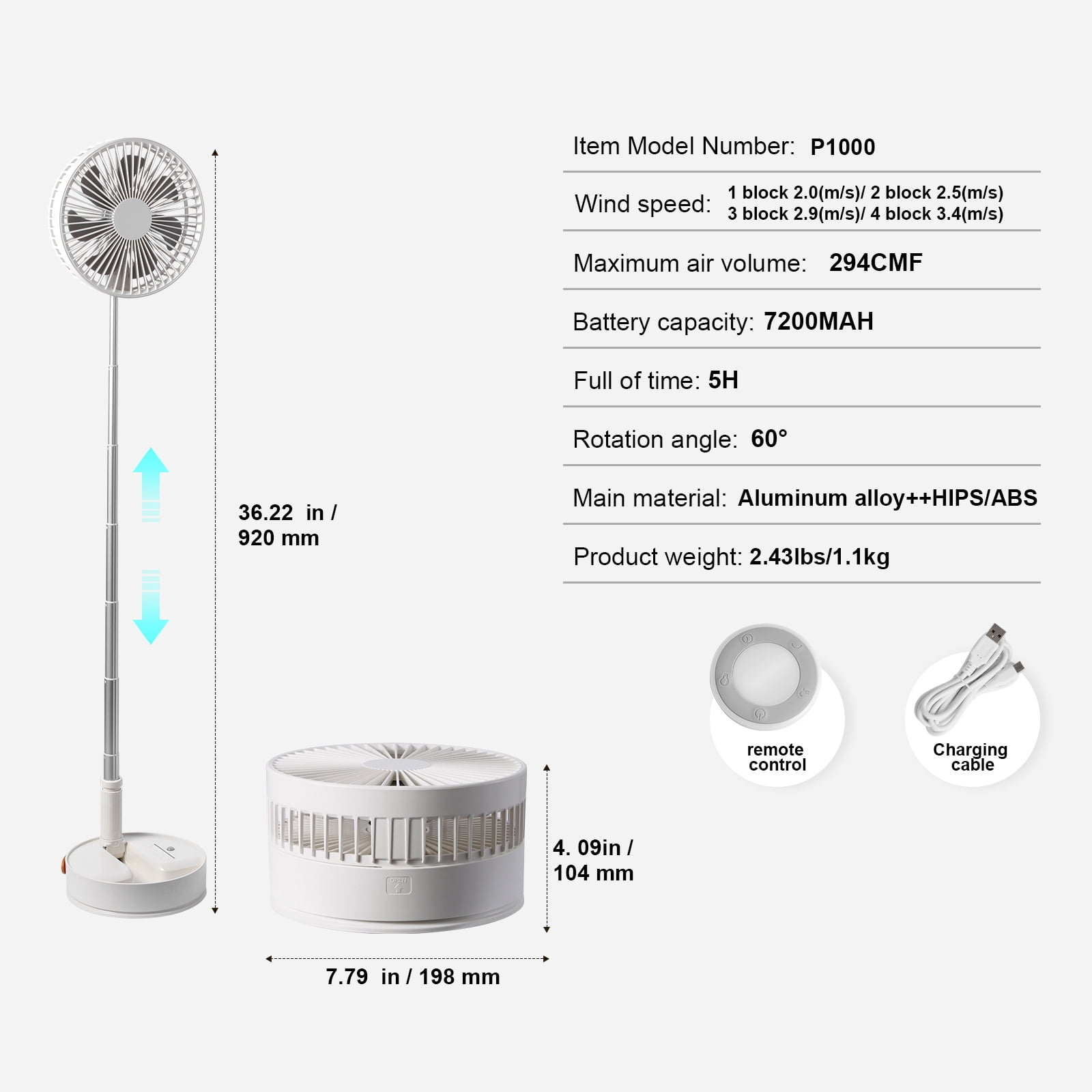 KFFKFF 3 in 1 Foldable Pedestal Fan, 7200mAh Rechargeable Portable Telescopic Fan, Foldable Oscillating Standing Fan with Remote Control Quiet Timer Fan for Home Kitchen Outdoor Camping