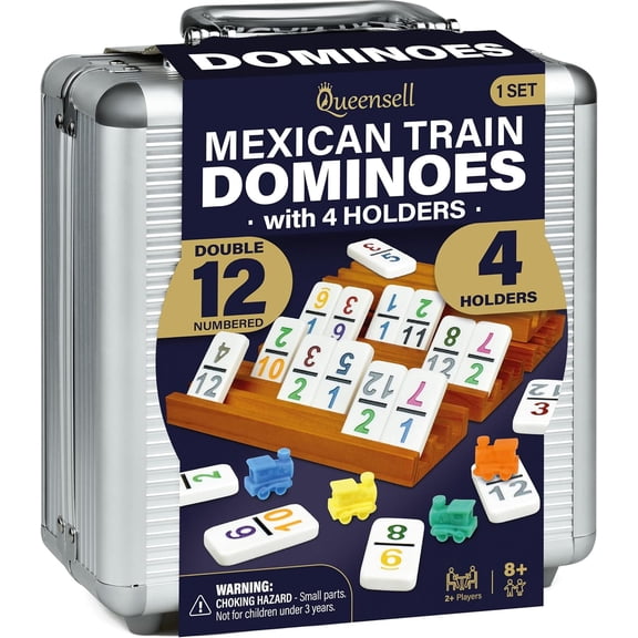 Mexican Train Dominoes Set with Numbers and 4 Holders - Wooden Hub and Tiles Holders - Double 12 with Numbers (D12 Numbers   4 Holders)