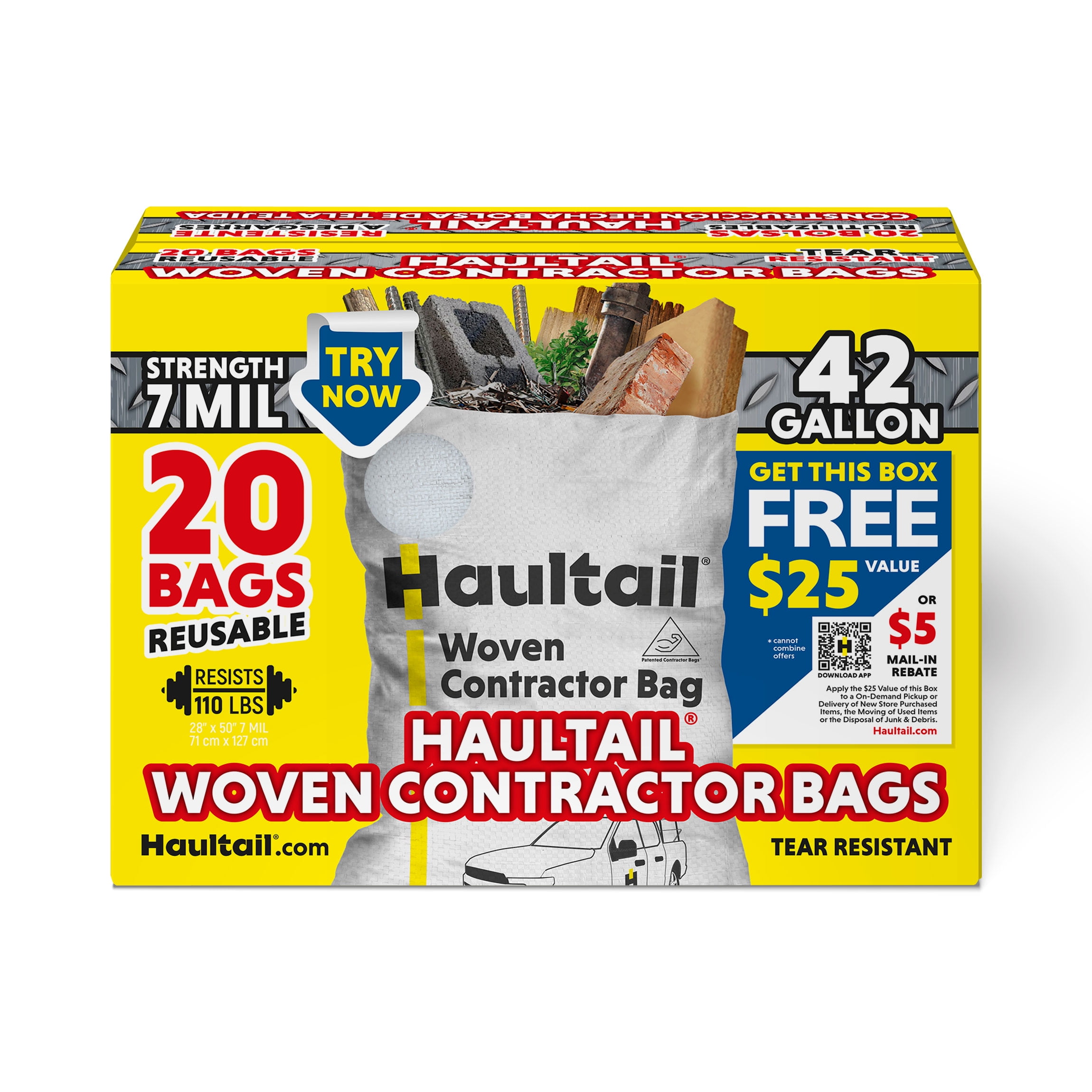 Haultail Woven Contractor Trash Bags 42gal 20 Count per Pack White Reusable