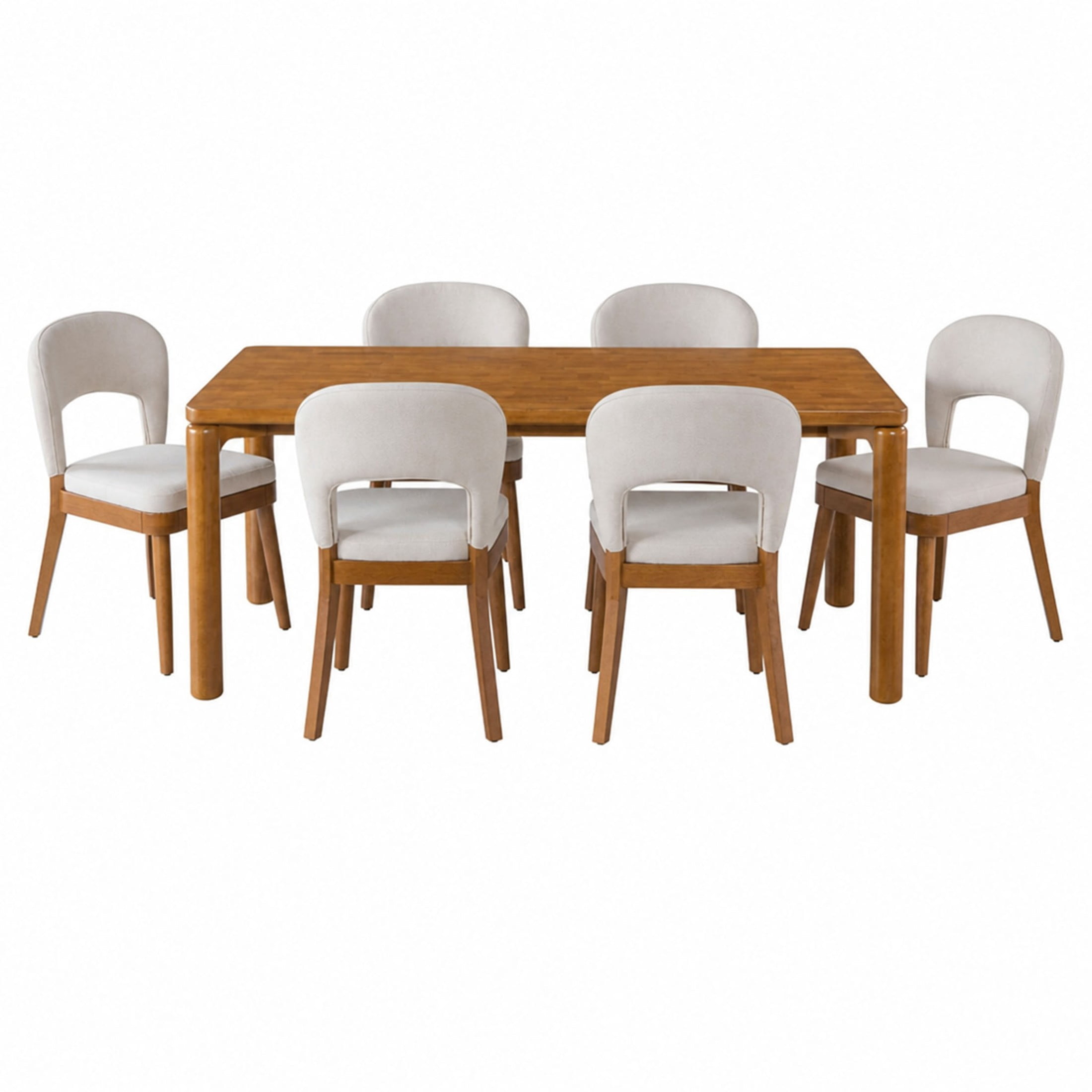 Christopher Knight Home 7-Piece Mid-Century Dining Set, 70" Table with Hollow Back Chairs, Walnut+Beige