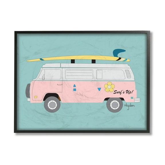 Stupell Industries Pink Beach Cruiser Van Summer Surf Illustration Black Framed by Mark Higden