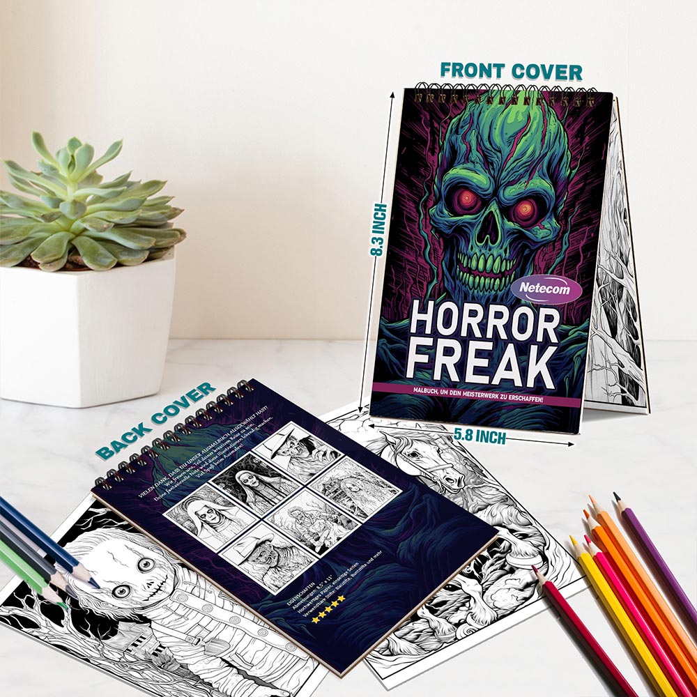 Netecom Horror Freak Coloring Book Spiral Bound For Adults, A5 Wooden Cover, 30 Macabre Coloring Pages of Haunted Scenes for Stress Relief and Relaxation