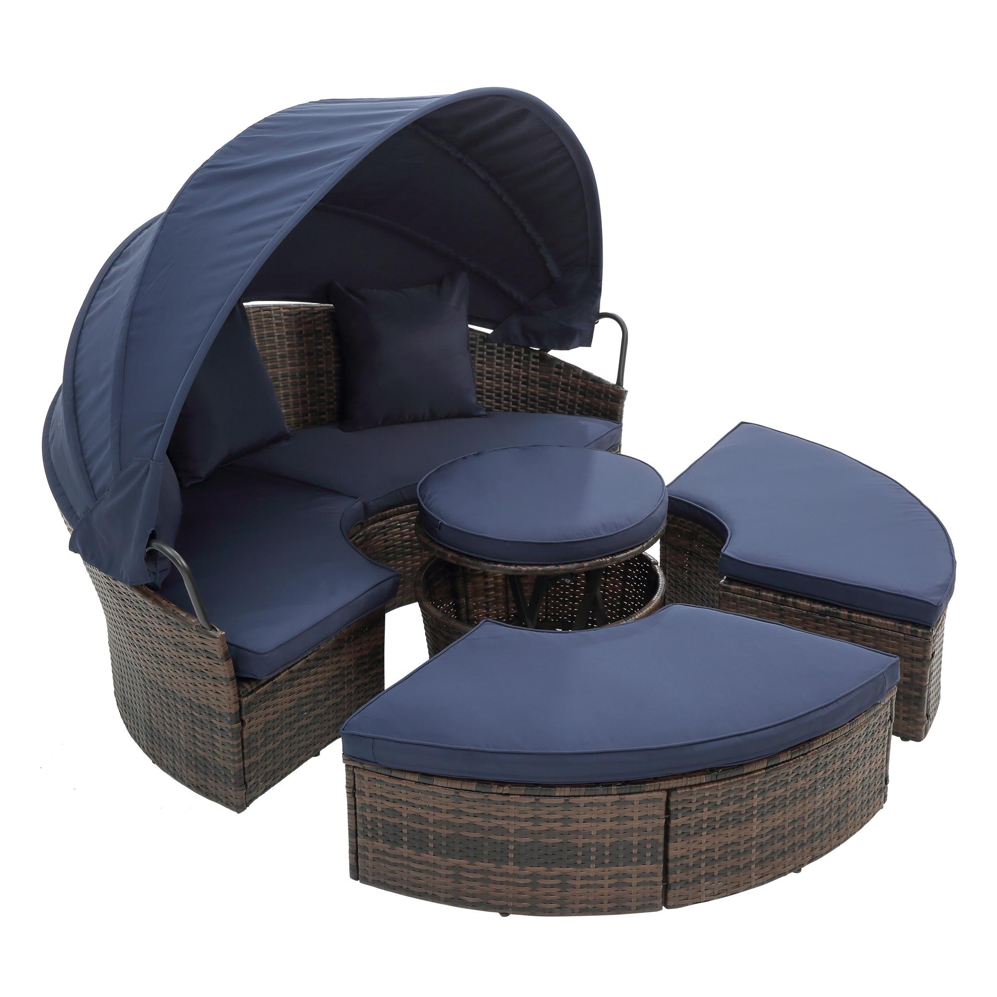 SYNGAR 6 Pieces Patio Furniture Set, Outdoor Wicker Sunbed Daybed with Canopy, Cushioned Sectional Sofa Set, Backyard Conversation Set with Coffee Table, for Poolside, Lawn, Deck, Garden, Blue, D6312 - image 3 of 9