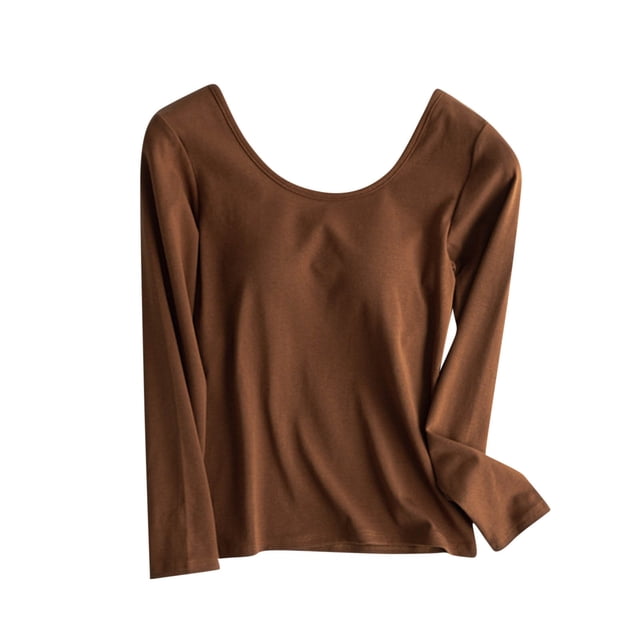 Blouses Tricotées Automne Femmes Manches Longues Hauts d'Automne avec Coussinet de Poitrine Hauts Décontractés Unis Col Rond Chandail Ample Tendance Confortable Doux sous-Vêtement S-123 Brun TTG