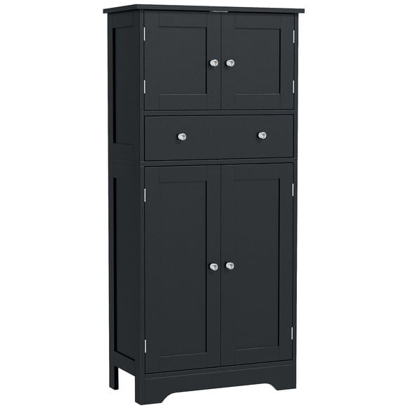 Modern Black Kitchen Pantry Cabinet, 50.4" Tall Storage Cupboard with 4 Doors, Middle Drawer & Adjustable Shelves, Particleboard Food Organizer for Kitchen, Dining & Office Space
