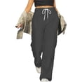 thumbnail image 4 of Women's High Waisted Work Pants with Drawstring, Loose Fit Cargo Pants with Multiple Pockets, Casual Straight Leg Trousers for Daily Wear, Streetwear and Outdoor Activities-Dark Gray, 4 of 8
