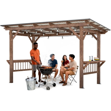 13' x 6.5' Wooden Grill Gazebo, Hardtop Gazebo with String Light, Outdoor Pergola with 2 Side Storage Shelves, BBQ Canopy for Patio Lawn Garden Backyard