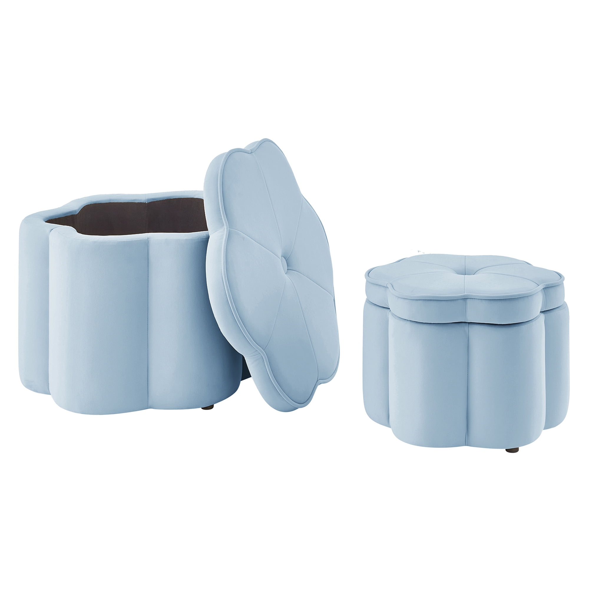Aukfa 24" Set of 2 Round Storage Ottomans, Flower-Shaped Nesting Pouf Footrest Stools for Living Room, Bedroom, Dorm, Blue