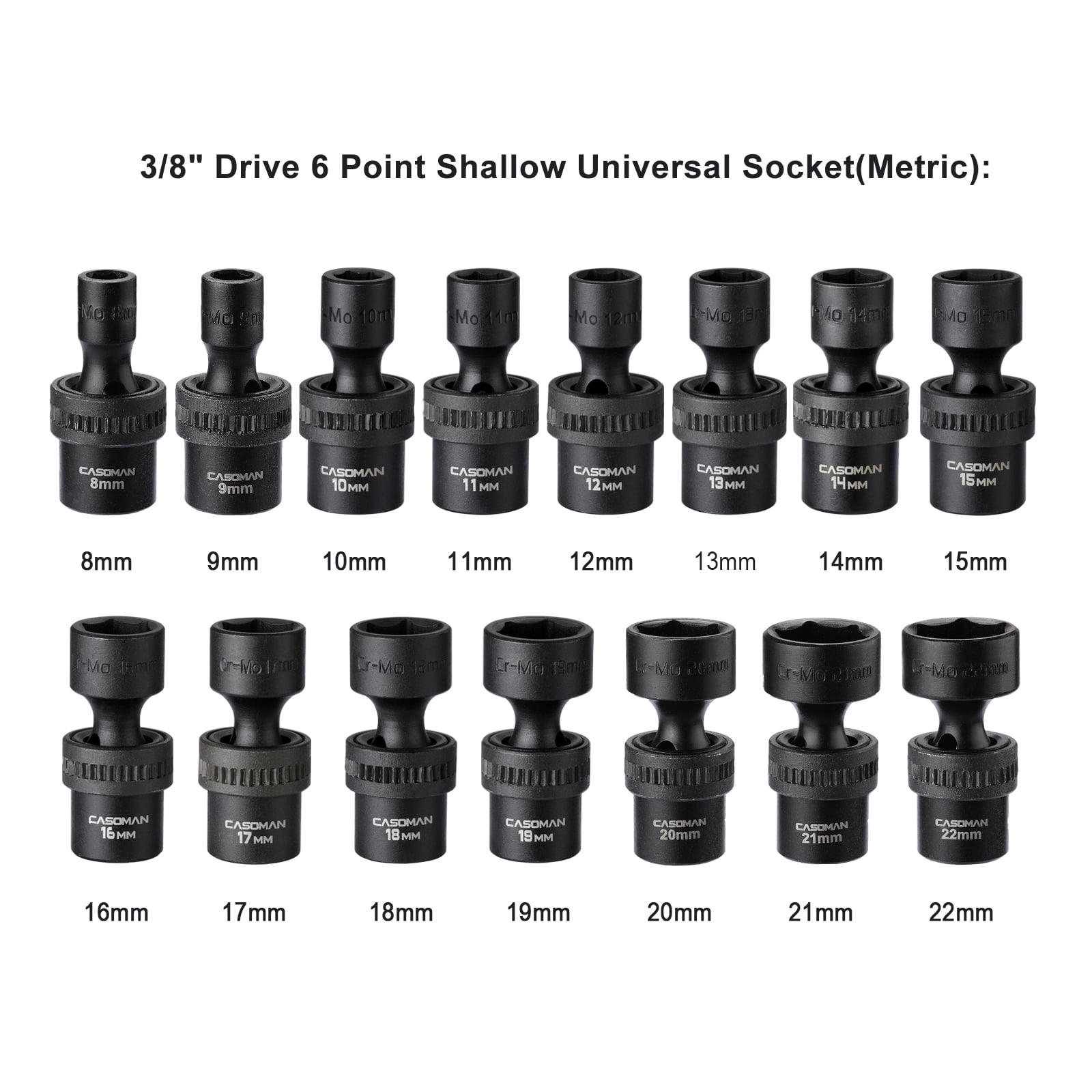 CASOMAN PRO 15 PCS 3/8" Drive Standard Universal Impact Socket Set, 6-Point, Metric, 8mm - 22mm