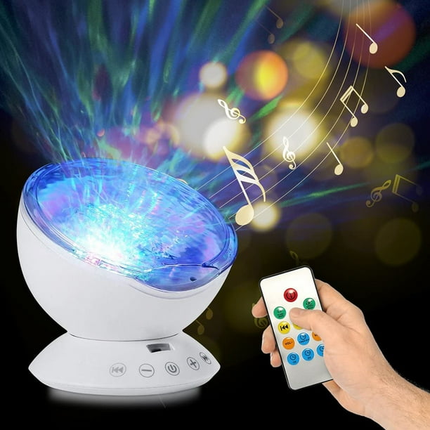 Proyector LED de luz nocturna infantil con olas del océano y control remoto, música hipnótica, 7 modos de parpadeo, ideal para dormitorio infantil, regalo de Navidad (blanco)