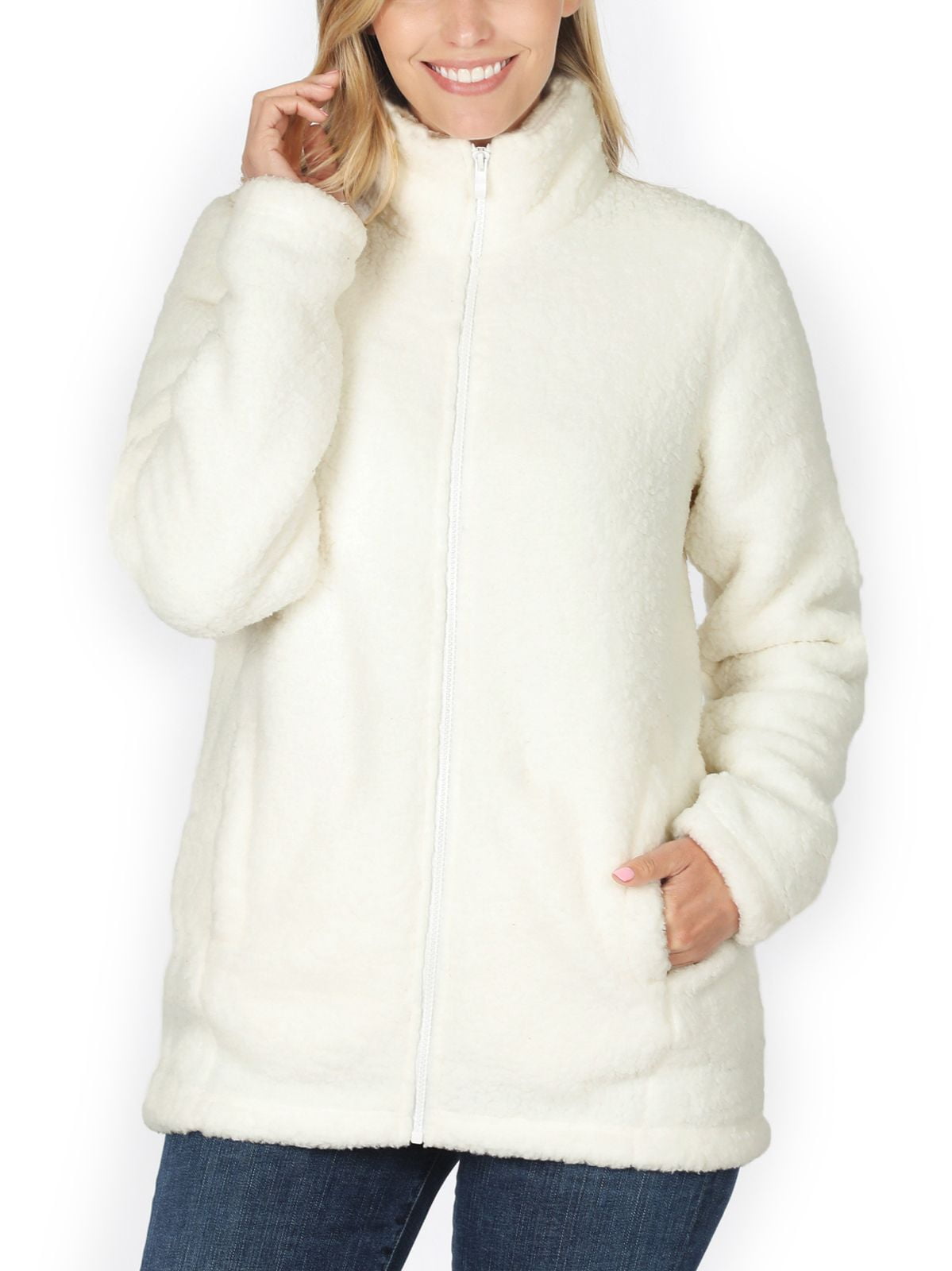 Fashionmille Women's Soft Sherpa Cotton Candy Teddy Coat Full-Zip Fleece Outer Jacket, Size: Large, White