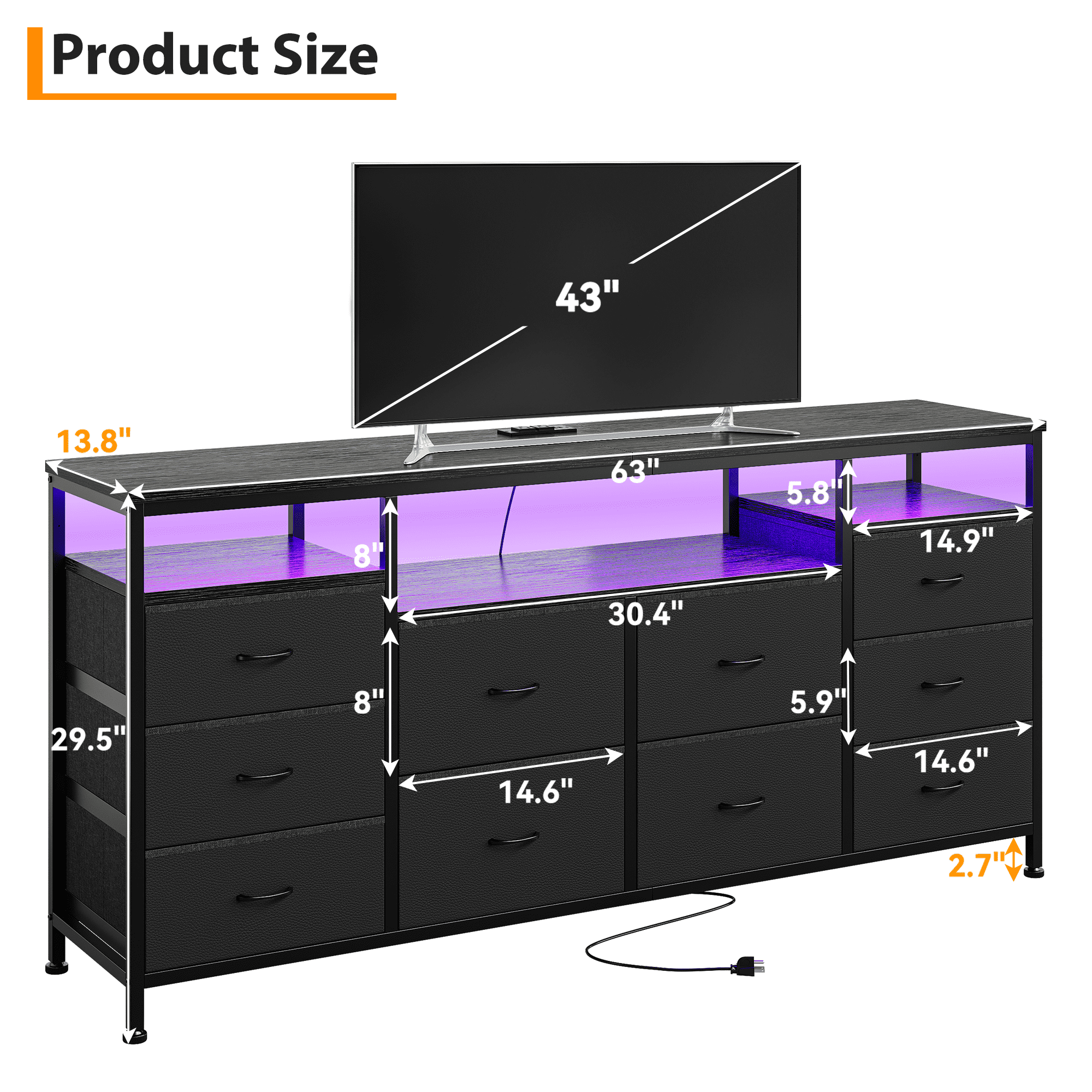 Towallmark 10 Drawer Dresser TV Stand for 65/70/75 Inch TV, 63" W Long Fabric Dresser Entertainment Center with LED Lights & Power Outlets for Bedroom with Led Lights & Power Outlets
