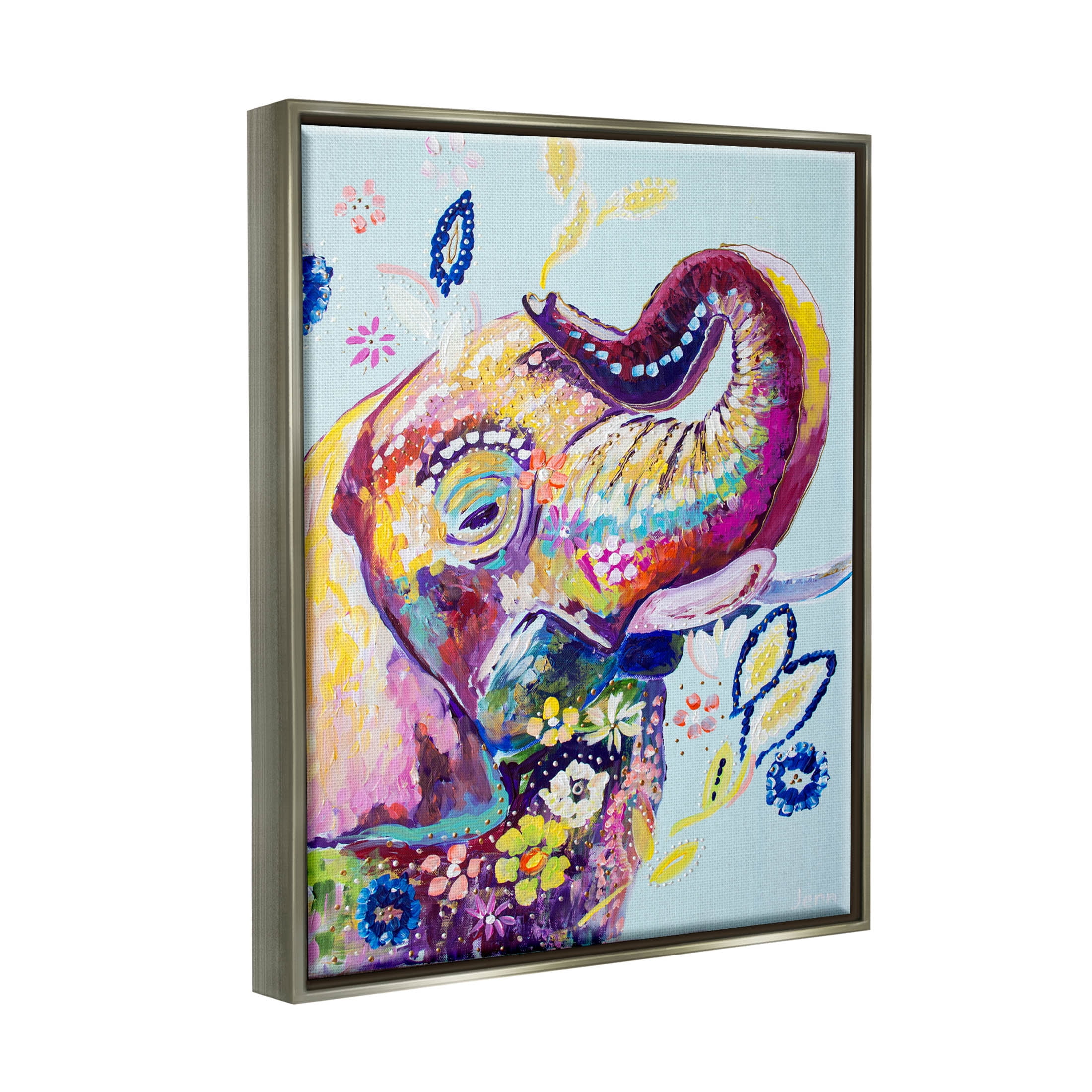 Floral Pattern Fun Elephant Animals & Insects Painting Luster Gray Framed Art Print Wall Art