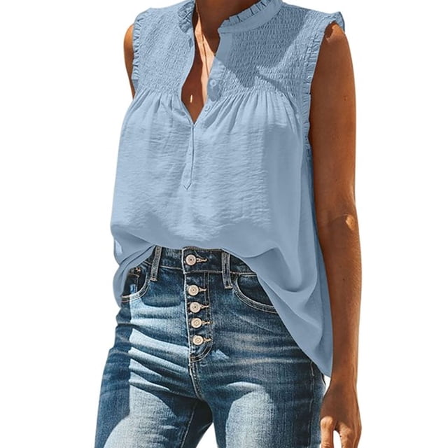 Luxtrada - Camiseta sin mangas para mujer, estilo informal, elegante, con fruncido, holgada, con botones, cuello alto, color liso, con volantes, talla grande, blusa de verano (azul, S)