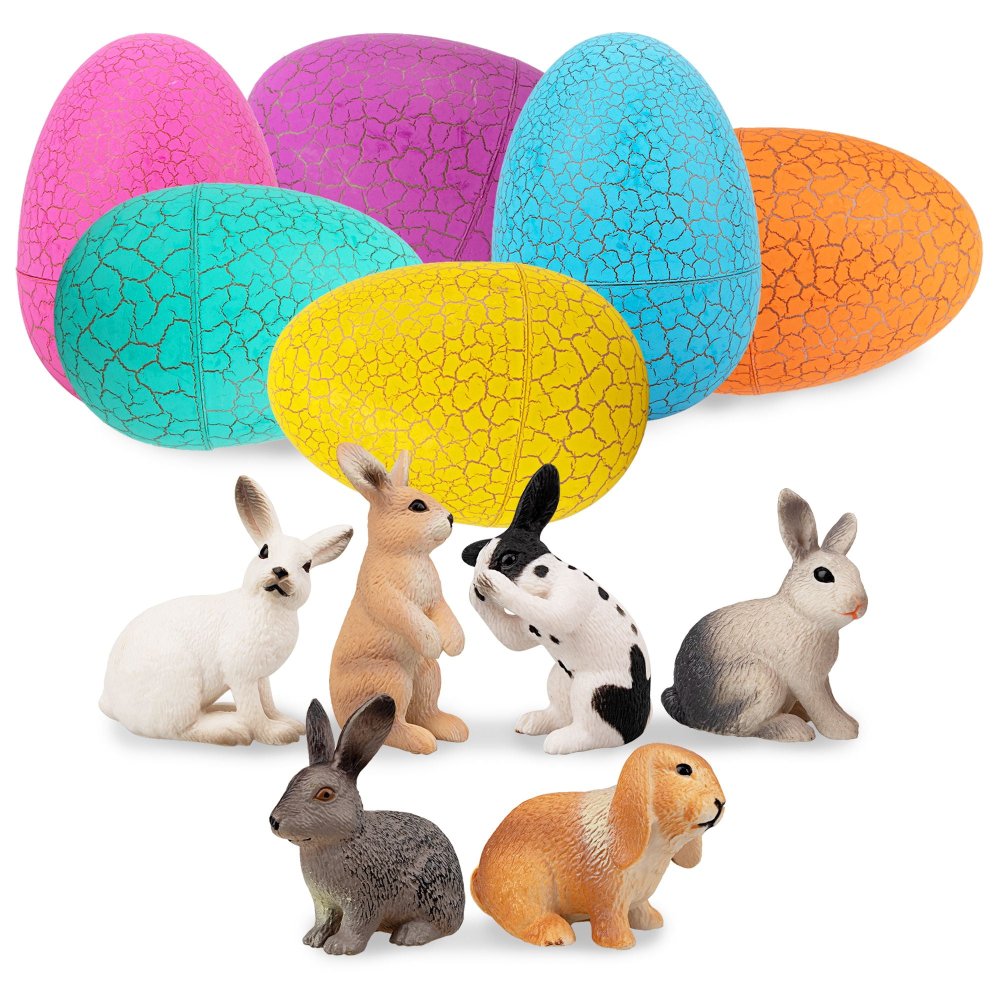 TOYMANY 6PCS Easter Bunny Rabbit Figures with Easter Eggs, Small Rabbit Figurines