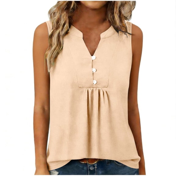 Womens Cotton Linen Tank Tops, Sleeveless Shirts for Women Summer Casual Vintage Solid Color Ruched Button Up V Neck Dressy Blouses