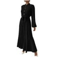 thumbnail image 2 of Ndbuld Spring Dresses for Women Women's Long Sleeved Solid Color Textured Button Up Dress with Lantern Sleeves And Waist Cinching Long Dress,Black,S, 2 of 5